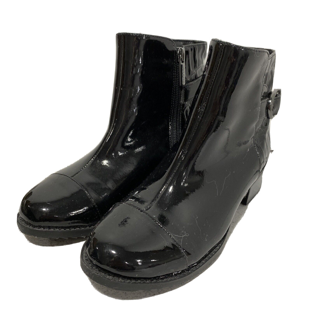 Valdini Mia ankle boots black patent and moc croc texture US 6M zip faux buckle